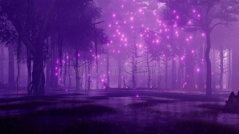 Czarodziejski świetlik zaświeca w marshy noc lesie 4K zbiory