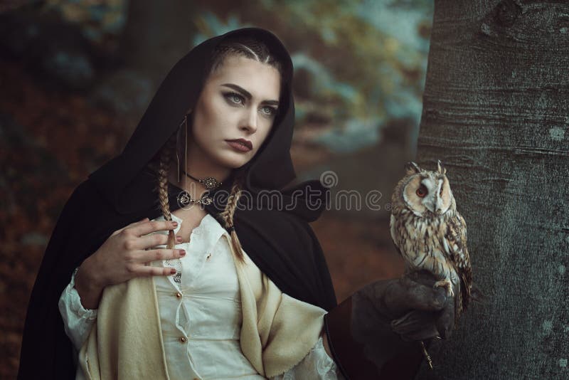 Czarownica drewna z jej sową zdjęcia stock Czarownica drewna z jej sową zdjęcia stock