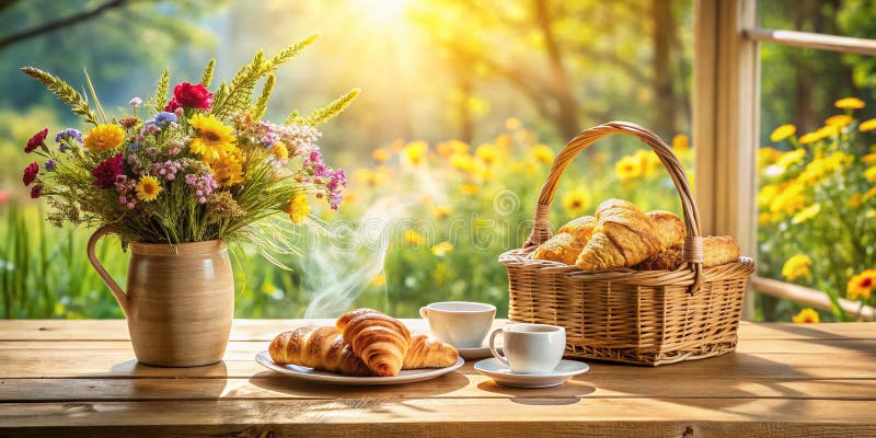 Czarująca francuska scena śniadaniowa Charming Croissants Bogata kawa i Rustic Charm w oszałamiającym stylu ilustracji
