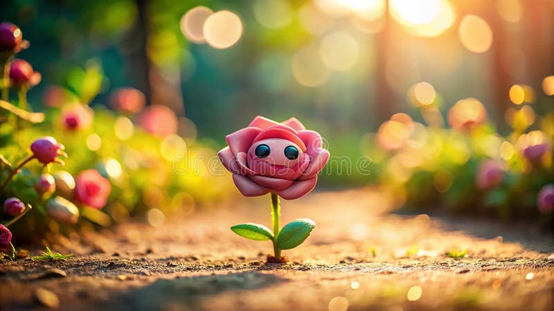 Urocza kreskówkowa róża TiltShift: Miniaturowa ucieczka do ogrodu w żywych kolorach ilustracji
