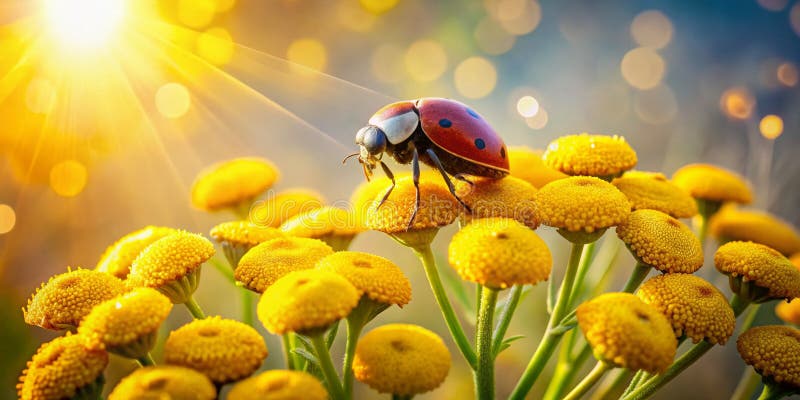Czarująca Ladybug na żywym żółtym Kwiacie Tansy Surreal Blisko dla kochanków przyrody ilustracja wektor