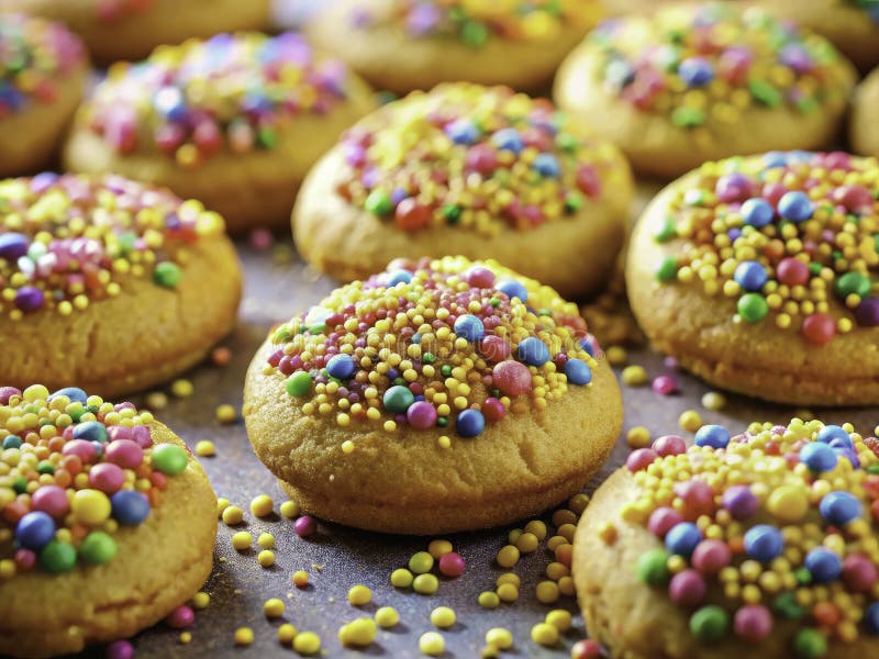 Czarujące Złote Ciasteczka miniaturowe z Rainbow Sprinkles A TiltShift CloseUp of Sweet Trets royalty ilustracja