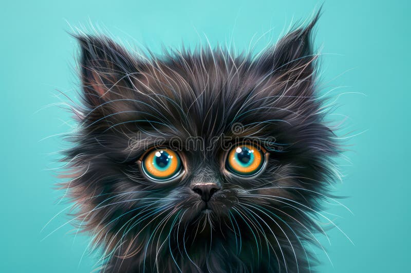 Czarujący, puszysty czarny kotek z ponurymi pomarańczowymi oczami na turkusowym tle uroczy i zabawny feline zwierzak portret dla ilustracji