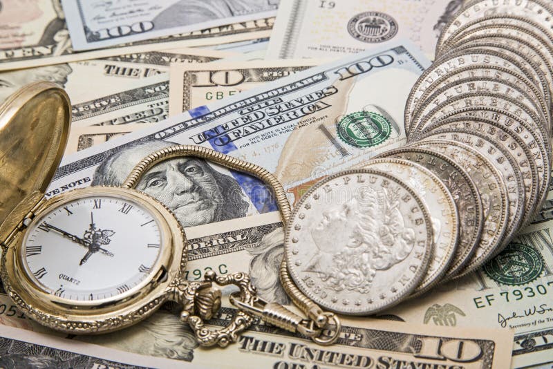 Czasu pieniądze zarządzania zegarka srebnych dolarów savings fotografia royalty free Czasu pieniądze zarządzania zegarka srebnych dolarów savings fotografia royalty free