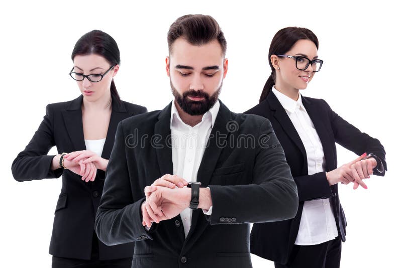 Czasu pojęcie - portret młodzi ludzie biznesu sprawdza czas na wristwatches odizolowywających na bielu fotografia royalty free Czasu pojęcie - portret młodzi ludzie biznesu sprawdza czas na wristwatches odizolowywających na bielu fotografia royalty free
