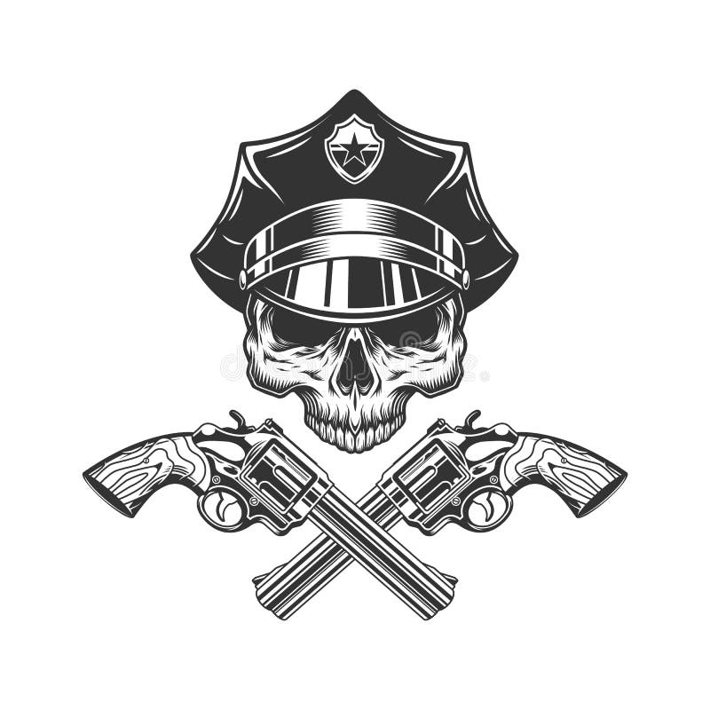 Czaszka bez szczęki w policjanta kapeluszu ilustracji Czaszka bez szczęki w policjanta kapeluszu ilustracji