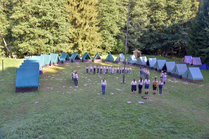 Czech boy and girl scouts during their summer camp. Czech scouts usually stay in tents for 2 or 3 weeks. August 10, 2017