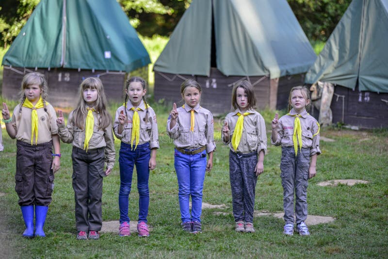 Czech boy and girl scouts during their summer camp. Czech scouts usually stay in tents for 2 or 3 weeks. August 10, 2017