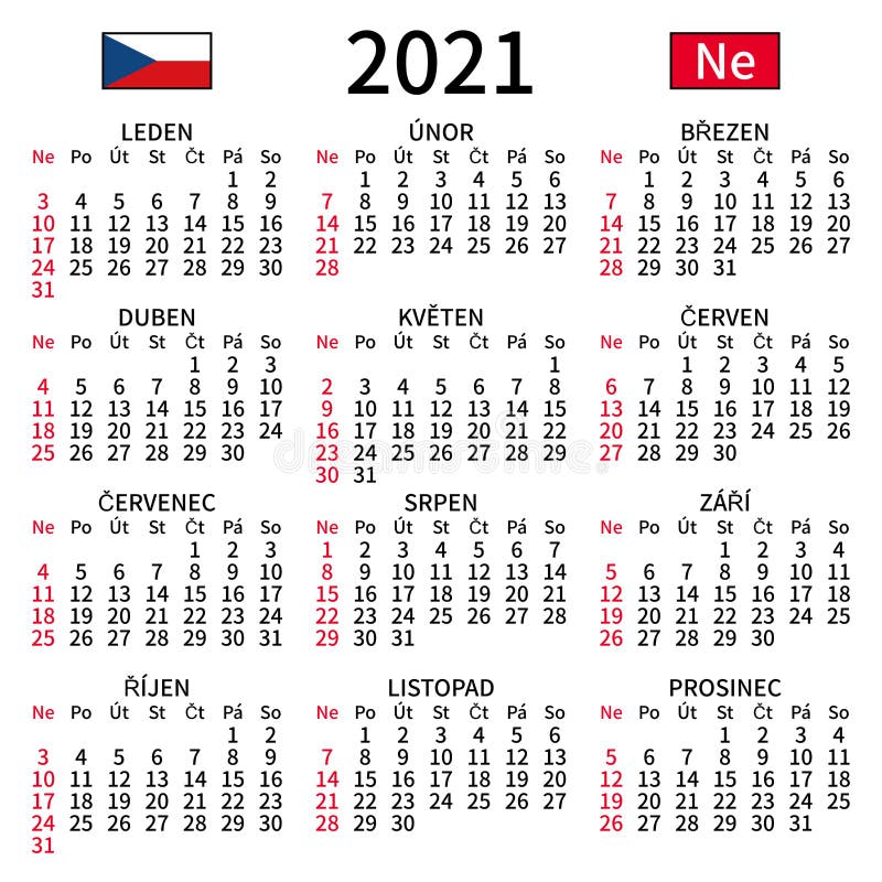 Czech Calendar 2021, Sunday Stock Vector Illustration of months