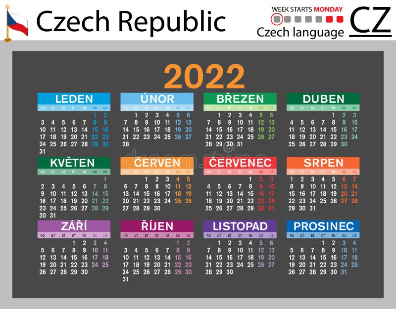 Czech Horizontal Pocket Calendar for 2022. Week Starts Monday Stock