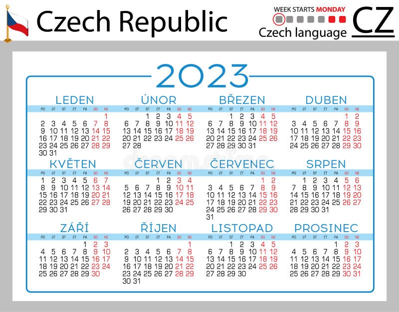 Czech Horizontal Pocket Calendar for 2023. Week Starts Monday Stock
