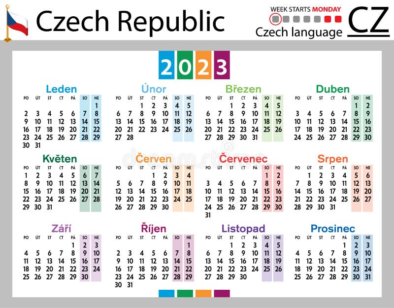 Czech Horizontal Pocket Calendar for 2023. Week Starts Monday Stock