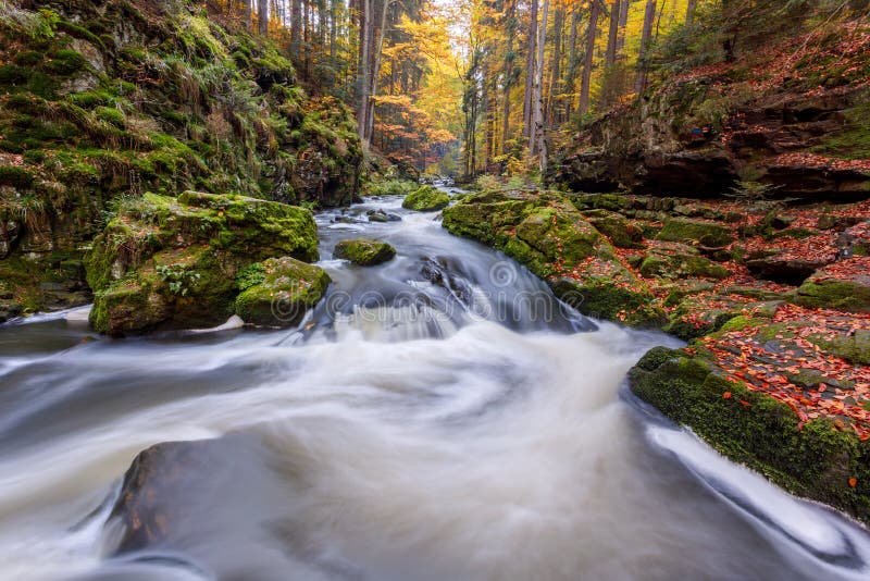 Autumn, fall wild river Doubrava, picturesque landscape.