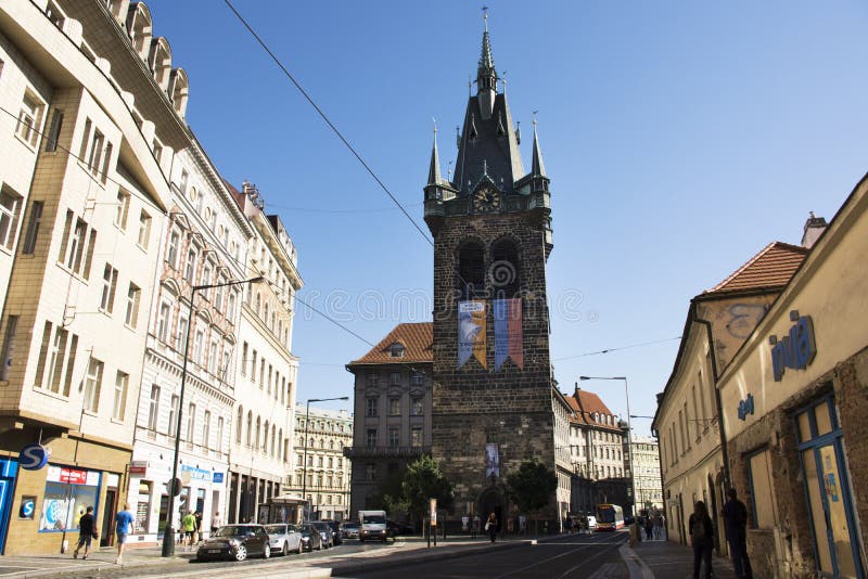 Czechia people and foreigner travelers walking and visit Henry`s Bell Tower or Jindrisska Tower