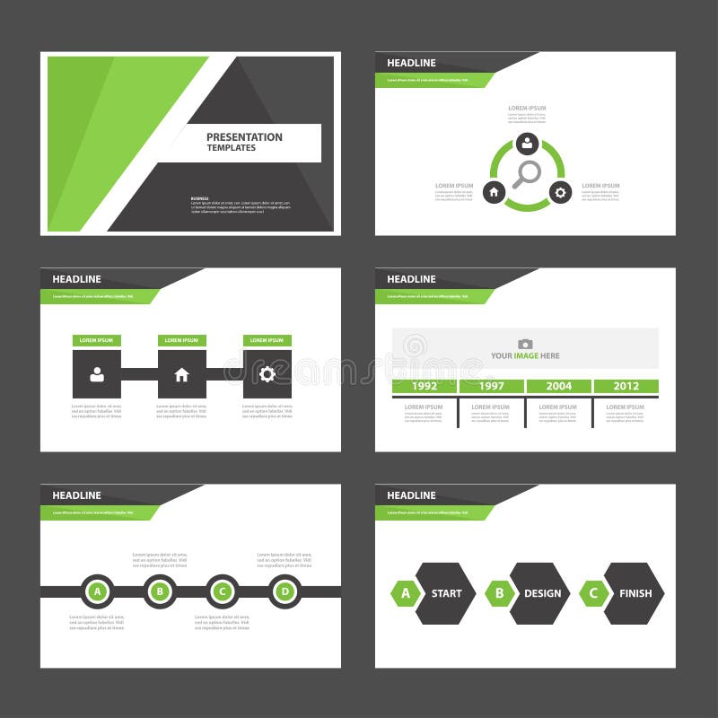 Czerni ikona płaskiego projekta broszurki ustalonego reklamowego marketingowego flye i zielenieje prezentacja szablonu Infographi