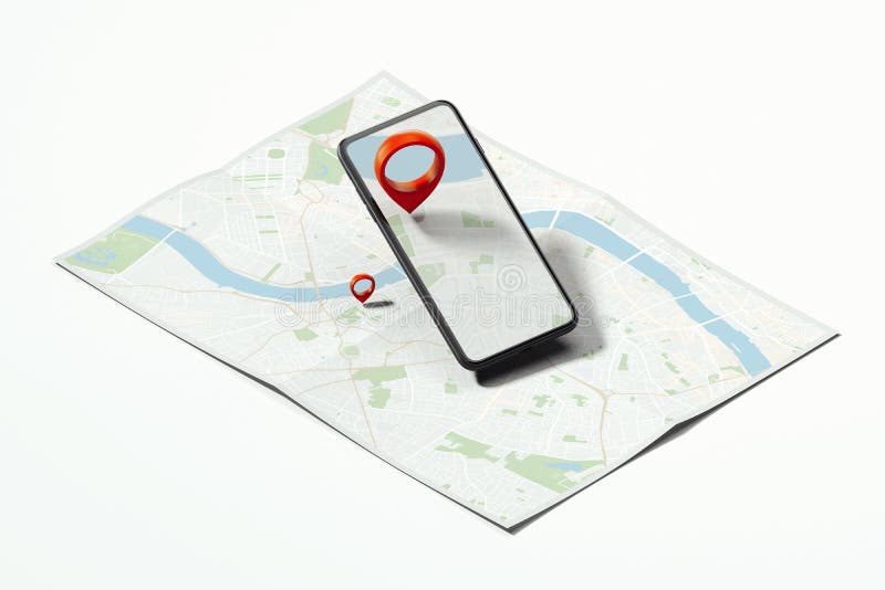 Czerwona geotag lub mapy szpilka w telefonie komórkowym na realistycznej mapie świadczenia 3 d