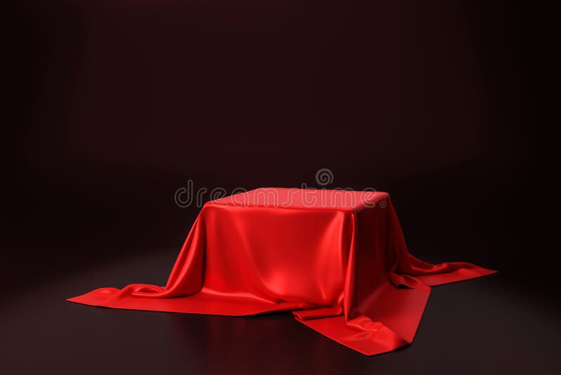 Czerwona luksusowa tkanina umieszczona na górnej półce lub pustej półce podium na czarnym tle z luksusową koncepcją renderowania 3 royalty ilustracja