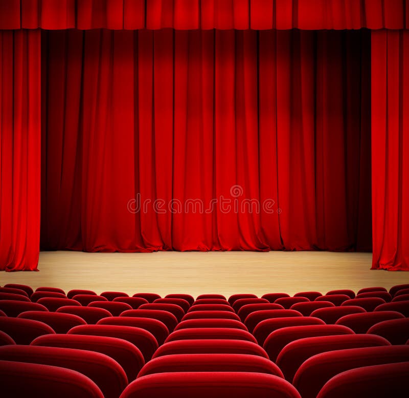 Czerwona zasłona na teatr drewnianej scenie z czerwonym aksamitem obrazy stock Czerwona zasłona na teatr drewnianej scenie z czerwonym aksamitem obrazy stock