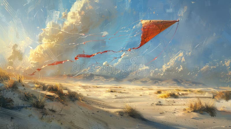 Czerwone latawce nad pustynnym krajobrazem malarskim pod chmurami cumulus aig50. Czerwony latawiec wznosi się wdzięcznie nad pustynnym krajobrazem w obrazie, gdzie chmury cumulus rozrzucają niebo i dodają do atmosfery ciepła i wiatru aig50 generowane przez powietrze