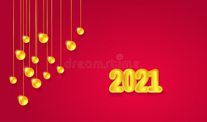 Czerwone świąteczne tło z ozdobami i złotymi cyframi 2021. Szczęśliwego Nowego 2021 Roku Złote numery 2021 i złote dekoracje Karta powitalna z nowego roku 2021 Wektor EPS10