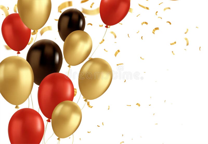 Czerwony czarno-złoty balon i złoty konfetti. błyszczący balonik wektorowy na przezroczystym tle ilustracji