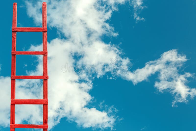 A red wooden staircase against a blue cloud of a symbol of success and achievement of set goals. A red wooden staircase against a blue cloud of a symbol of success and achievement of set goals