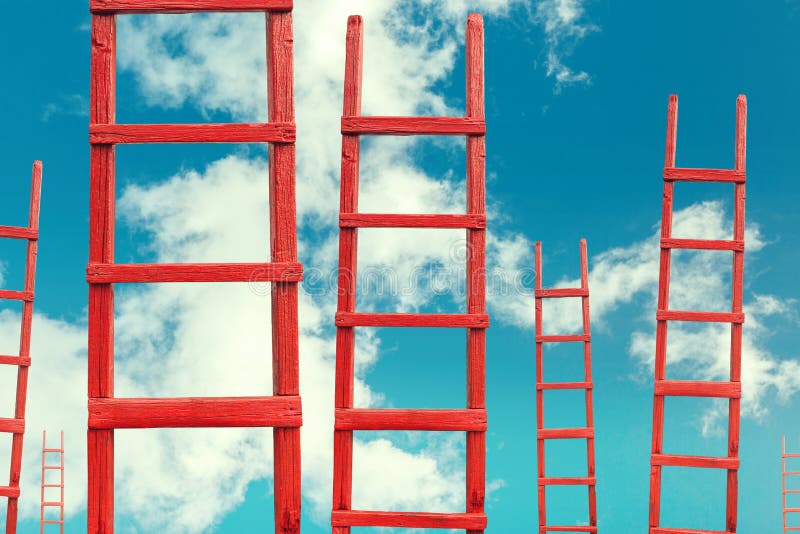 A red wooden staircase against a blue cloud of a symbol of success and achievement of set goals. A red wooden staircase against a blue cloud of a symbol of success and achievement of set goals