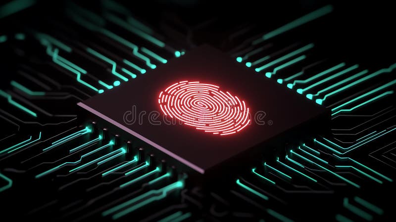 Czerwony hologram odcisków palców na czarnym chipie cyfrowym z neonowymi zielonymi liniami obwodów ilustracji