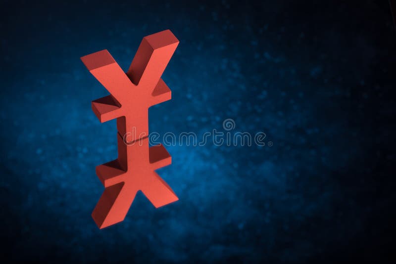 Czerwony japończyk Chiński waluta symbol, znak Z Lustrzanym odbiciem na Błękitnym Zakurzonym tle lub obrazy stock Czerwony japończyk Chiński waluta symbol, znak Z Lustrzanym odbiciem na Błękitnym Zakurzonym tle lub obrazy stock
