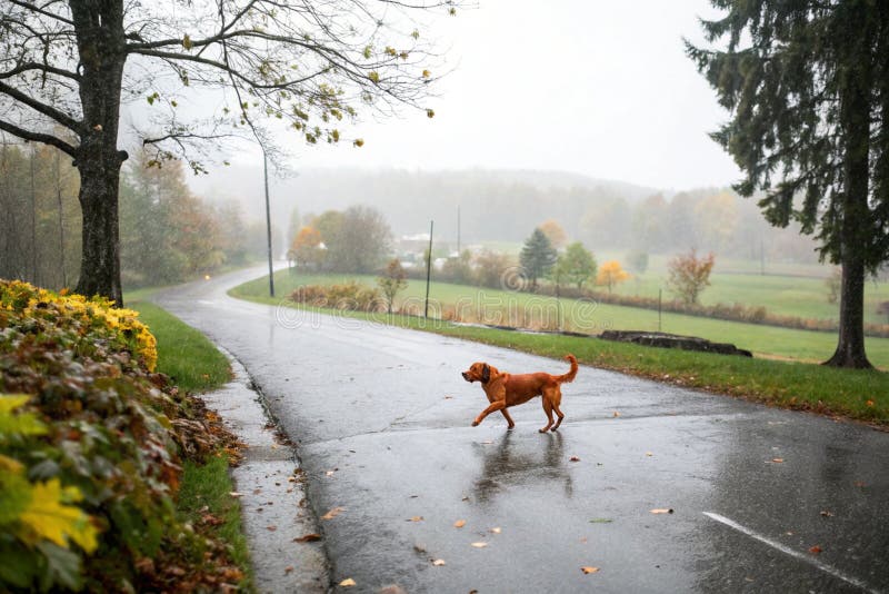 Czerwony pies biegnący na mokrej drodze w deszczu. Czerwony pies biegający radośnie na mokrej drodze podczas deszczowego jesiennego dnia z kroplami deszczu na asfalcie tworzącym piękny krajobraz