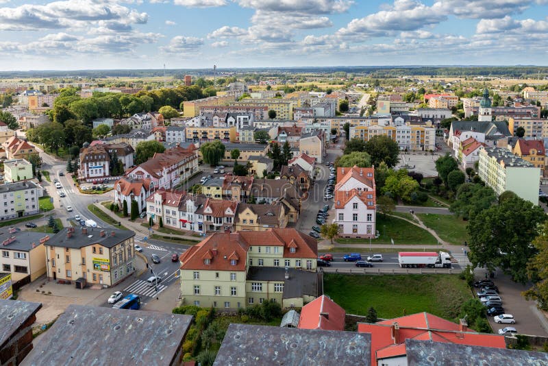 Czluchow, Pomeranian / Poland - September, 6, 2019: View from the Teutonic tower on the city of Czluchow. Panorama of small cities