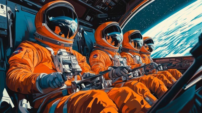 Czterech astronautów w pomarańczowych strojach kosmicznych przygotowujących się do startu w statku kosmicznym zdjęcie stock