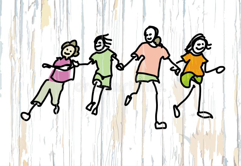 Cztery dzieciaka doodles na drewnianym tle ilustracji Cztery dzieciaka doodles na drewnianym tle ilustracji