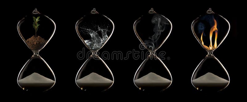 Cztery elementu ogień, roślina, woda i powietrze w hourglasses obrazy stock