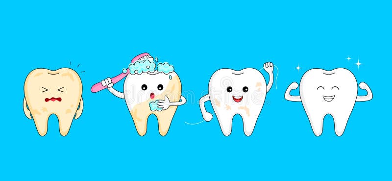 Cztery etapy czyszczenia zęba. Projekt znaku ząbka kreskowego przed i po. koncepcja opieki dentystycznej nad zębami