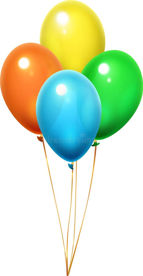 Cztery kolorowe balony pomarańczowo-żółty zielony i niebieski pływający złotymi wstążkami na białym tle tworzącym ilustracja wektor