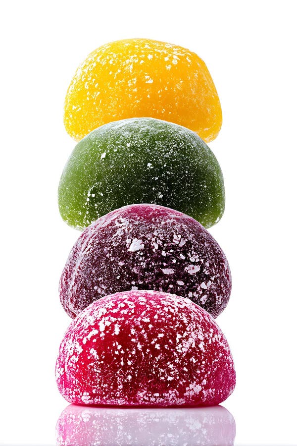 Cztery kolorowe desery mochi umieszczone w pionowym układzie. Każdy mochi royalty ilustracja