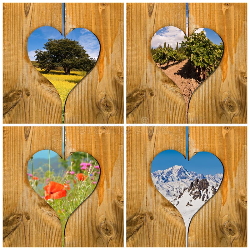 Four seasons collage concept with wooden hearts. Four seasons collage concept with wooden hearts