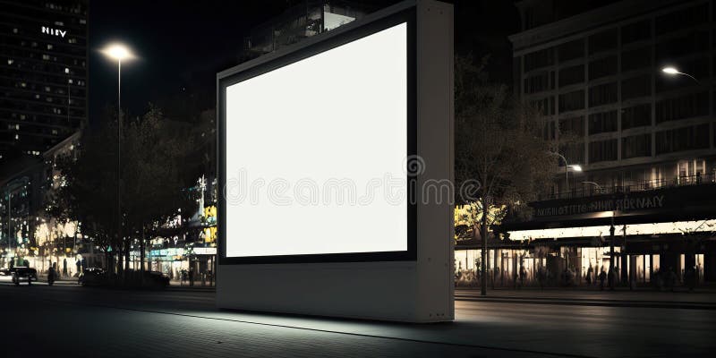 Czysta reklama neon box mockup w środku ulicy widok miasta noc generatywny ai. Czysta reklama neon box mockup w środku ulicy widok nocy miasta