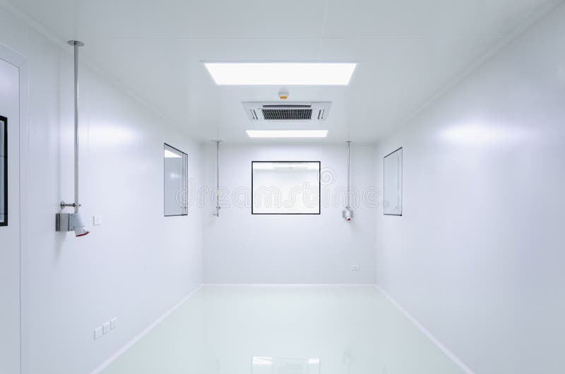 Clean room in manufacturing pharmaceutical plant, Green epoxy system flooring, Sandwich Panel, and double glass window, air conditioning system. Clean room in manufacturing pharmaceutical plant, Green epoxy system flooring, Sandwich Panel, and double glass window, air conditioning system