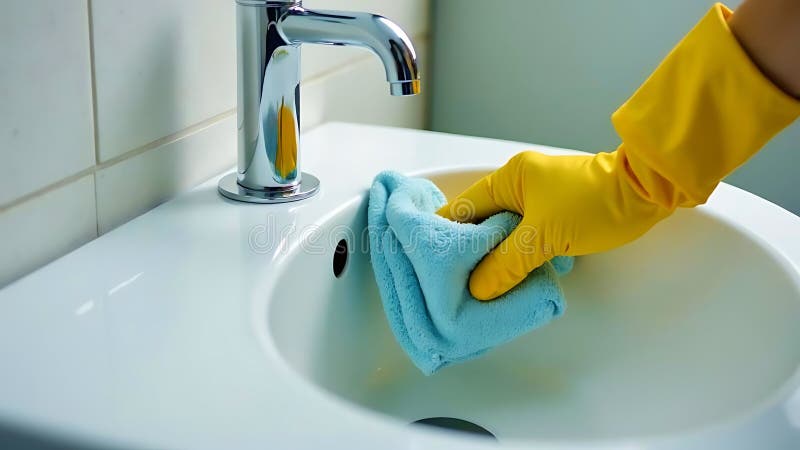 Czyszczenie kranu umywalki łazienkowej tkaniną i rękawicami. zdjęcia stock
