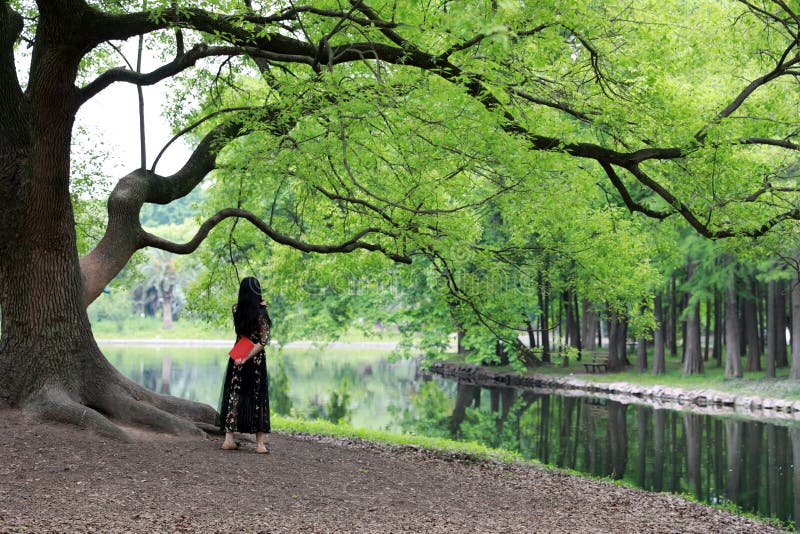 Read a book stand under a blossom tree. Young woman stand under a blossom tree reads a book in a beautiful sunny day. Reading in nature is my hobby
