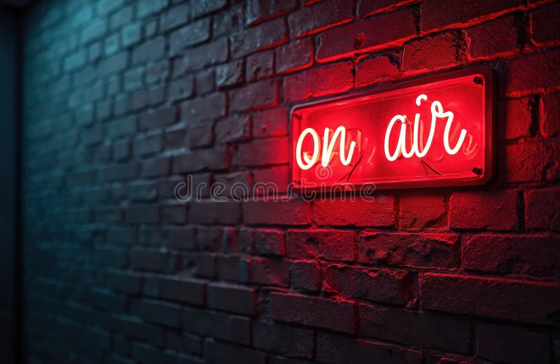 Czytanie szyldów neonowych na ścianie z cegły montowanej na powietrzu. Podświetlany znak radiowy studio. Tło nadawania jasnoczerwo zdjęcie stock