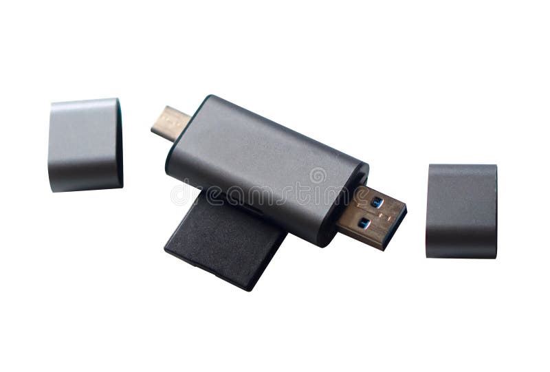 Image of Card Reader OTG Type-C USB 3.0 2in1 for all types of smartphones with type-C connectors and USB connectors on white background, perfect for Graphic assets. Image of Card Reader OTG Type-C USB 3.0 2in1 for all types of smartphones with type-C connectors and USB connectors on white background, perfect for Graphic assets