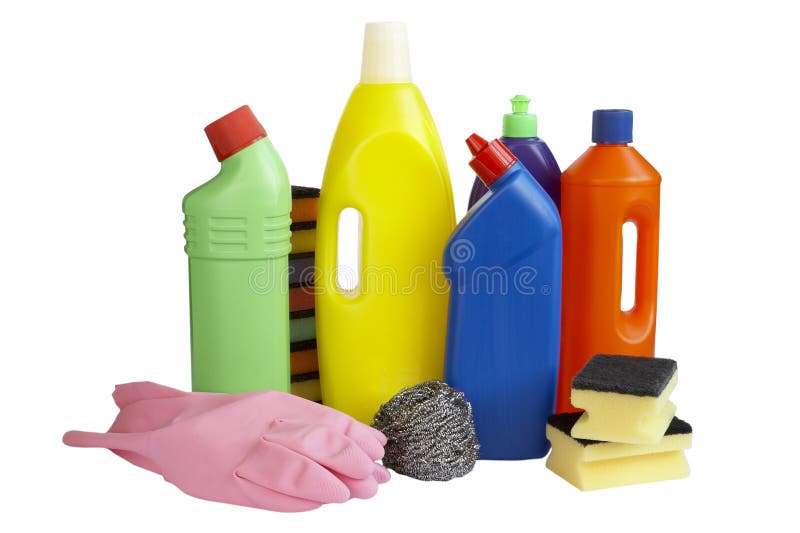 Close up of hygiene cleaners for housework on white background with clipping path. Close up of hygiene cleaners for housework on white background with clipping path
