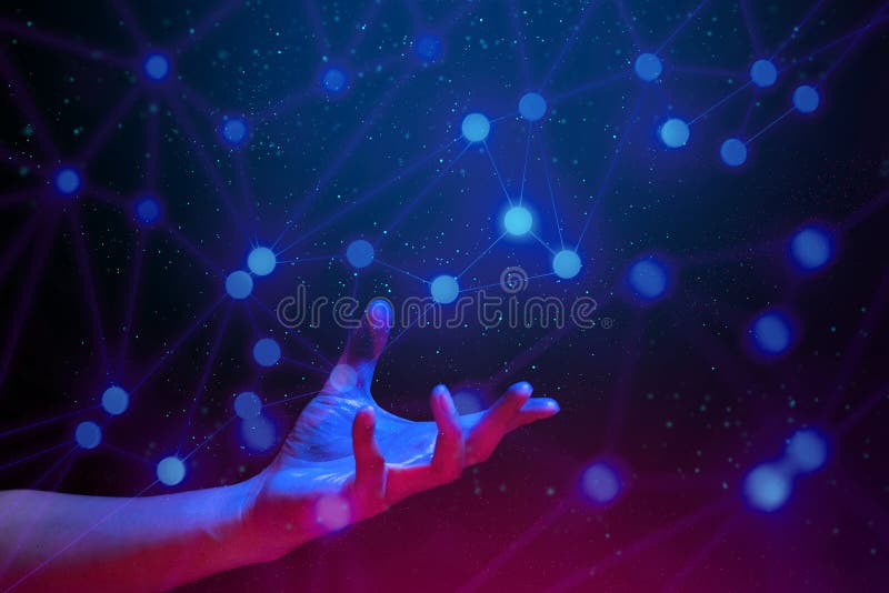Particle with digital data ai global network technology hologram with light and hand of human with blue and red color glow in sci-fi futuristic concept. Particle with digital data ai global network technology hologram with light and hand of human with blue and red color glow in sci-fi futuristic concept