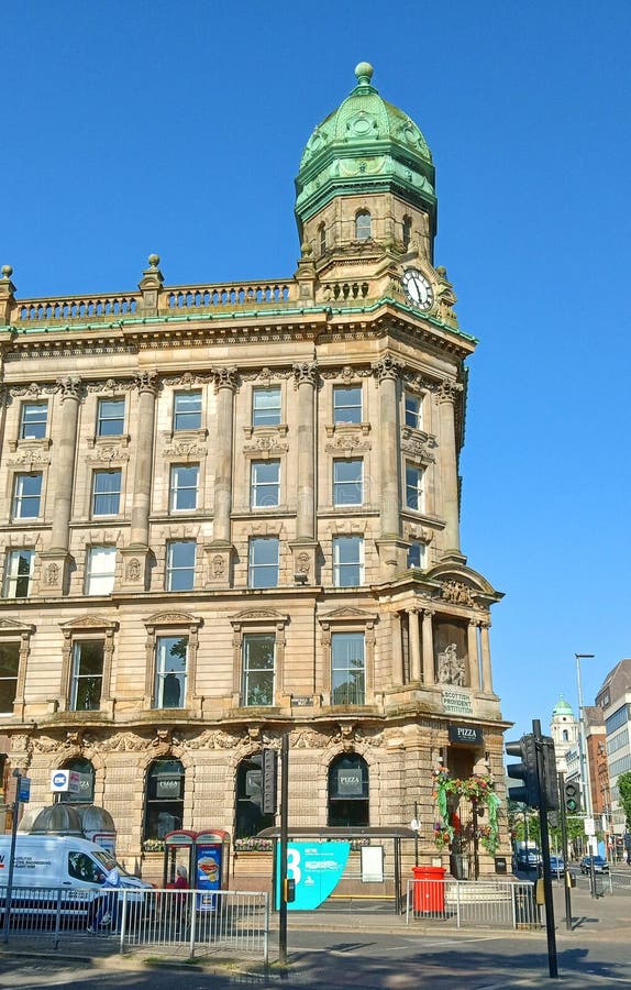 BELFAST NORTHERN IRELAND UNITED KINGDOM 06 03 2023: Part of the Scottish Provident Institution building was built in sections between 1897 and 1902 with a design by Young Mackenzi. BELFAST NORTHERN IRELAND UNITED KINGDOM 06 03 2023: Part of the Scottish Provident Institution building was built in sections between 1897 and 1902 with a design by Young Mackenzi