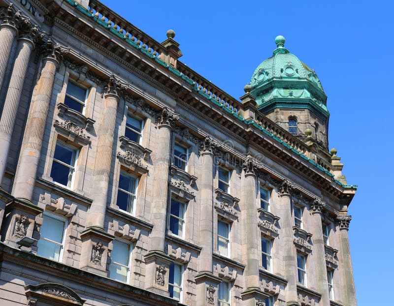 BELFAST NORTHERN IRELAND UNITED KINGDOM 06 03 2023: Part of the Scottish Provident Institution building was built in sections between 1897 and 1902 with a design by Young Mackenzi. BELFAST NORTHERN IRELAND UNITED KINGDOM 06 03 2023: Part of the Scottish Provident Institution building was built in sections between 1897 and 1902 with a design by Young Mackenzi