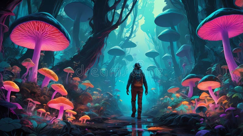 Człowiek chodzący przez las grzybów Fantasy krajobraz z błyszczącym światłem fotografia royalty free