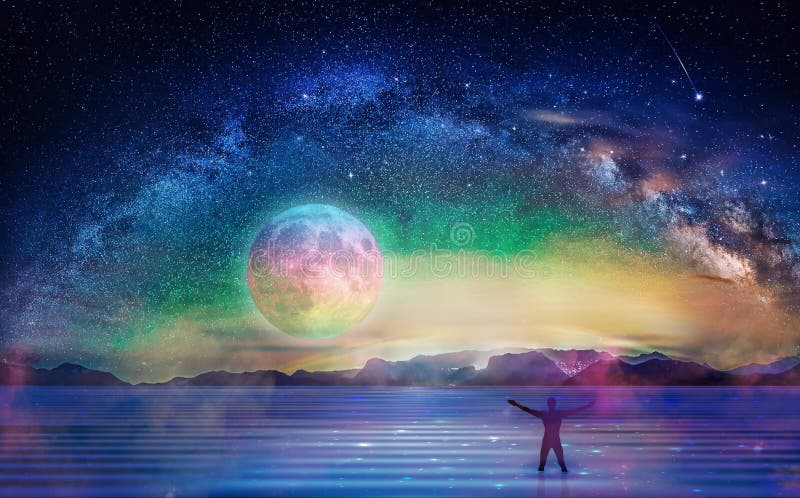 Człowiek sylwetka medytacja pod gwiazdami pełnowymiarowa droga Mleczna